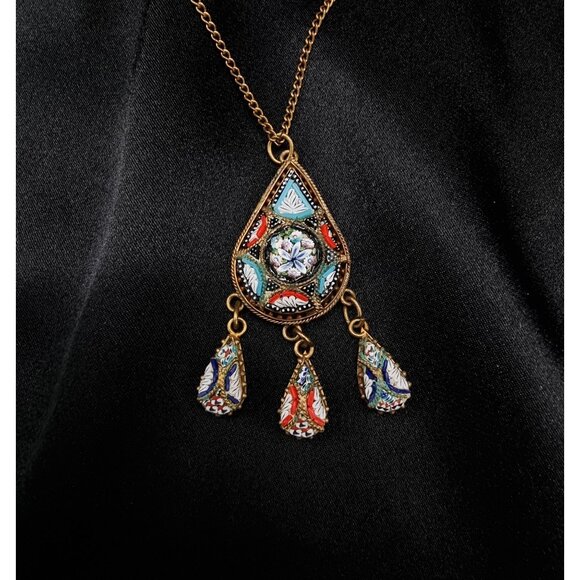 Vintage Italian Gold-Tone Mosaic Pendant Necklace With Dangle Charms & Chain - Picture 1 of 7